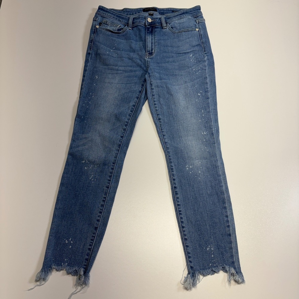 Judy Blue Jeans 11/30 Skinny Fit Paint Splatter Raw Hem Distressed Ankle Denim